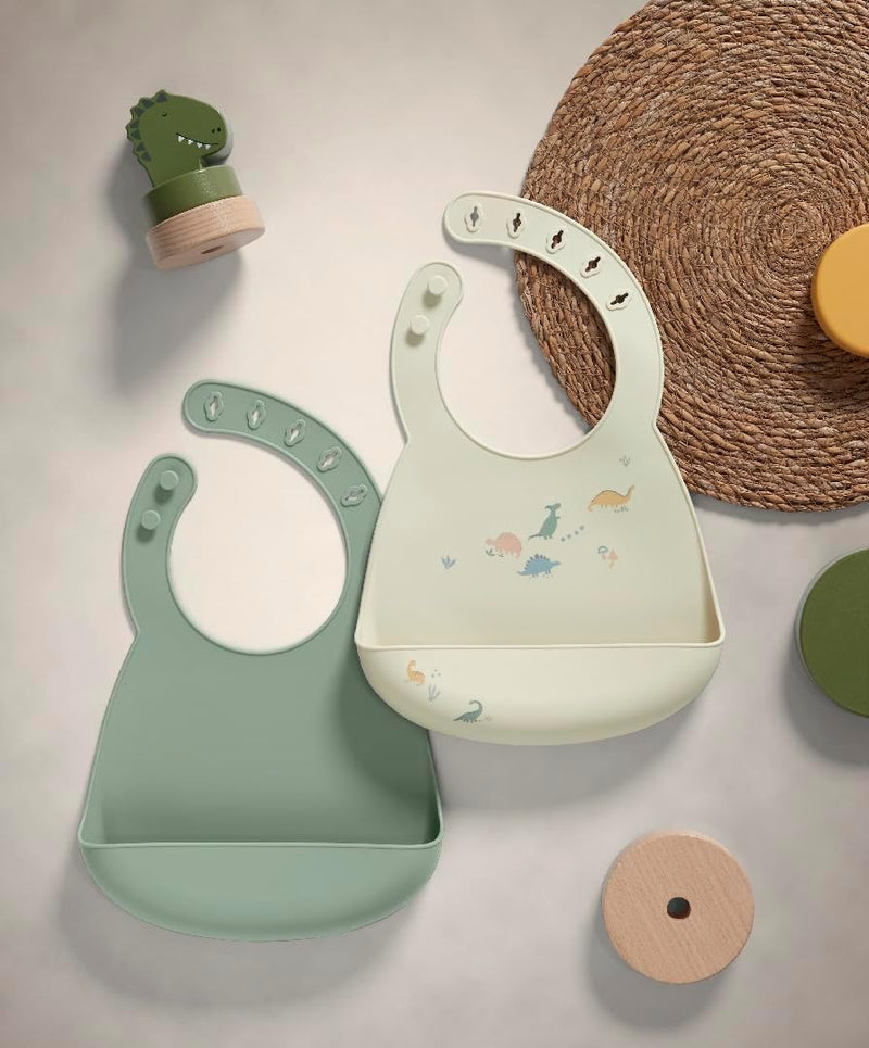 Mamas & Papas 2-Pack Waterproof Silicone Baby Bibs, Adjustable BPA-Free Feeding Bibs with Large Pocket for Food Catching, Ideal for Weaning for 6-18 Months - Neutral Speckle