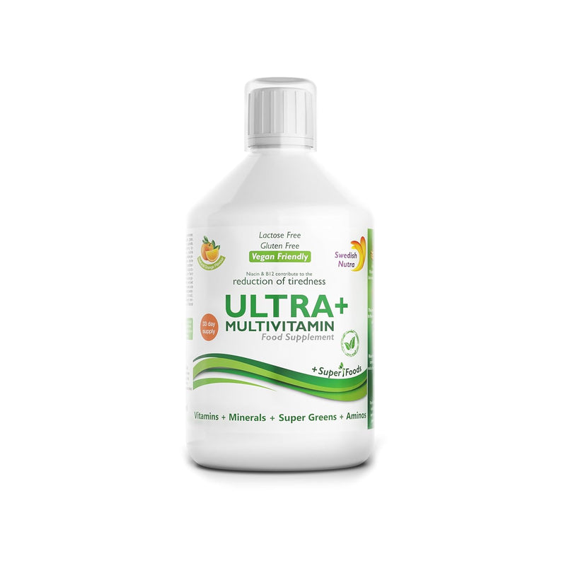 Swedish Nutra - Ultra+ Multivitamin Liquid Food Supplement - Pack of 500 ml, 33 Day Supply | Packed with Vitamins, Minerals, Super Greens & Aminos to Boost Energy & Immunity I Natural Orange Flavour