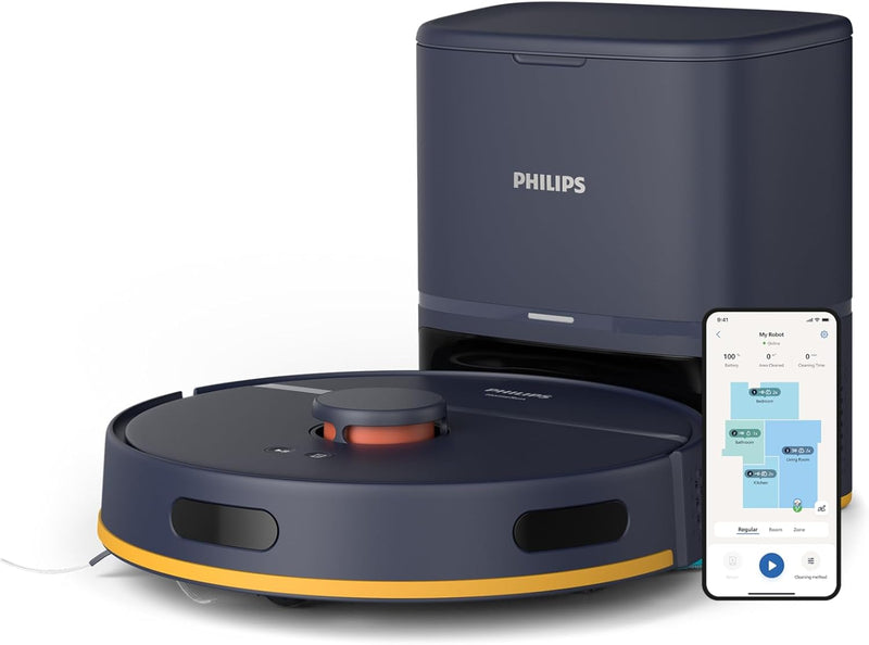 Philips Vacuum and Mop Robot HomeRun 2000 Series - Up to 120 min Runtime, With Auto-empty Station, Suction Power 6000 Pa, HomeRun App Enabled, LDS Radar, Dark Blue - XU2100/10 - With Emptying Station