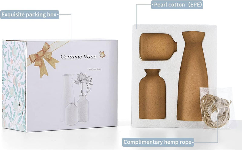 Heifgott Beige Ceramic vase Set-3 Small Flower vases for Decor,Modern Home Decor, Vases for Decor,Pampas Grass Vase,Dried Flowers Vases,Living Room,Table Shelf, Centerpieces Decoration