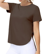 Women's Workout T-Shirts Loose Fit Short Sleeve Cotton Running Basic Tee Tops with Split Hem - Brown