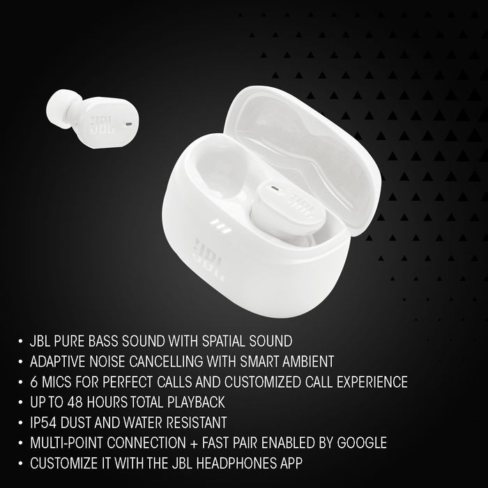 JBL Tune Buds True Wireless Noise Cancellling Earbuds, Pure Bass Sound, Bluetooth 5.3, LE Audio Support, Smart Ambient, 4-Mic Technology, 48H Battery, Water and Dust Resistant - White, JBLTBUDSWHT
