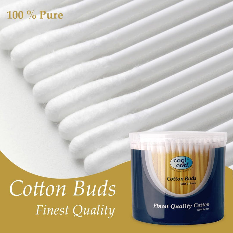 Cool & Cool Ear Buds - 300's(Pack of 3) - Round Thick Tips,Cotton Swabs,100% Cotton,Double Tipped,Hygienic,Gentle & Safe Swabs for Ears - 900 Pieces - Assorted