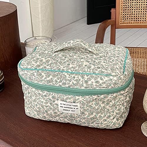 Juoxeepy Cotton Makeup Bag Large Travel Cosmetic Bag Quilted Cosmetic Pouch Coquette Aesthetic Floral Toiletry Bag, A-White, 10x5.9x5.3in