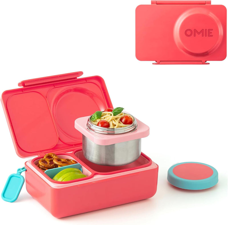 OmieBox UP bento box for kids Insulated lunch box Leak proof thermos food jar Cooler ice pack 2 Compartments (Teal Green) - Red OMIEBOX UP (AGE 9+ Years old)