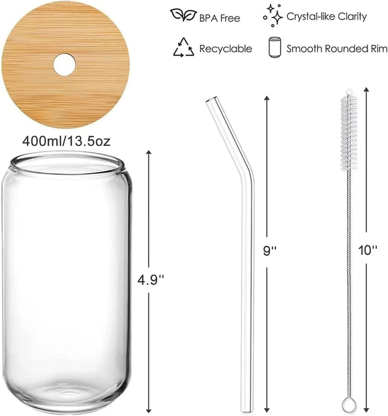 TAPIT Drinking Glasses with Bamboo Lids and Glass Straw, 13.5oz/17oz Beer Can Shaped Glass Cups, Tumbler Cup Ideal For Beer, Tea, Soda, Iced Coffee Include 2 Cleaning Brushes (2pcs,400ml*2)