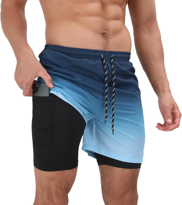 Mens Swim Trunks with Compression Liner 2 in 1 Quick Dry Beach Swimming Trunks Swim Shorts with Zipper Pockets