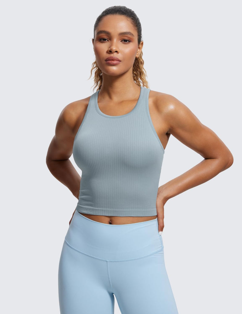 CRZ YOGA Womens Seamless Ribbed Longline High Neck Sports Bra - Racerback Padded Slim Fit Crop Tank Top with Built in Bra