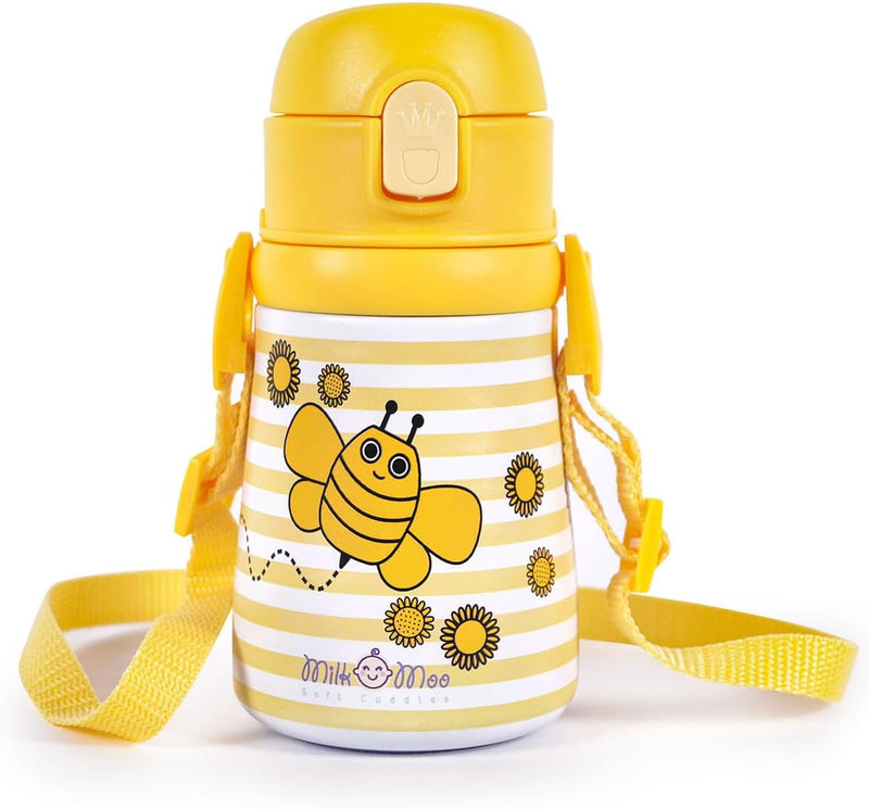 Milk&Moo Kids Steel Water Bottle 360ml Stainless Steel Thermos Water Bottle for Toddlers & Preschoolers Insulated Bottle with Straw Lid, Handle & Strap Leak-Proof Bottle (Bee Viz Viz)