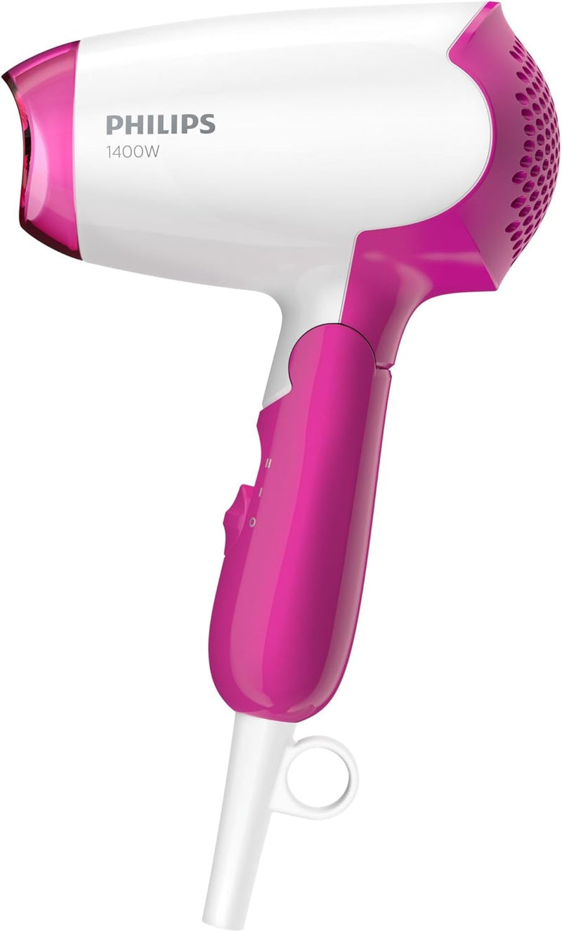 Philips Essential Care. Thermoprotect. Foldable. 1200W. Dc Motor. 3 Heat/Speed Settings + Cool Shot. No Ions. Easy Storage Hook. Concentrator. 1.5M. 3 Pin, Bhc010/13. 2 Years Warranty - BHD003, White/Pink