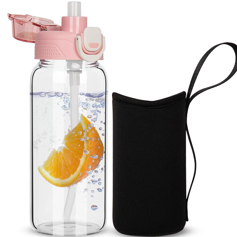 DEARRAY 600ml Glass Kids Water Bottle with Straw & Neoprene Sleeve 0.6l BPA free School Glass Drinking Bottle Leakproof