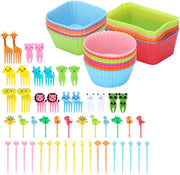 74 Pcs silicone meal box divider set, silicone cupcake mold, reusable lunch bento box accessories with animal-shaped food forks