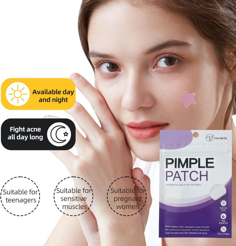 Vavilente Acne Pimple Patches for Face Zit Patch Dots,Hydrocolloid Patch with Tea Tree Oil Invisible,Star Pimple Patches,Cute Acne Patch-Day and Night Use(200 Count)