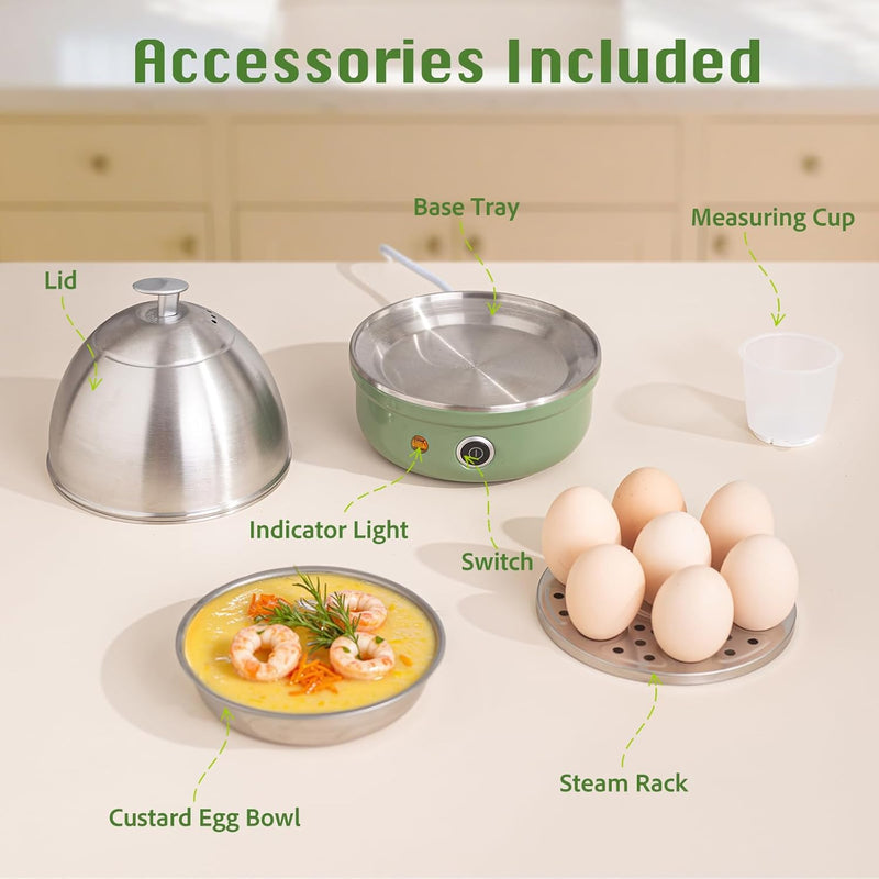 LENND Electric Egg Boiler, Rapid Egg Cooker with Auto Shut Off for Soft, Medium, Hard Boiled, Poached,Omelet Maker, Steamed Eggs and Vegetables, Stainless Steel Tray with 7-Egg Capacity