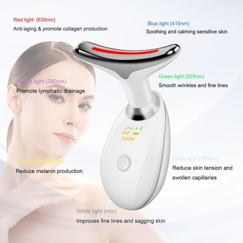 Facial Massager Device with LED Lights, Face and Neck Beauty Tool, 7 Colour Settings, Portable