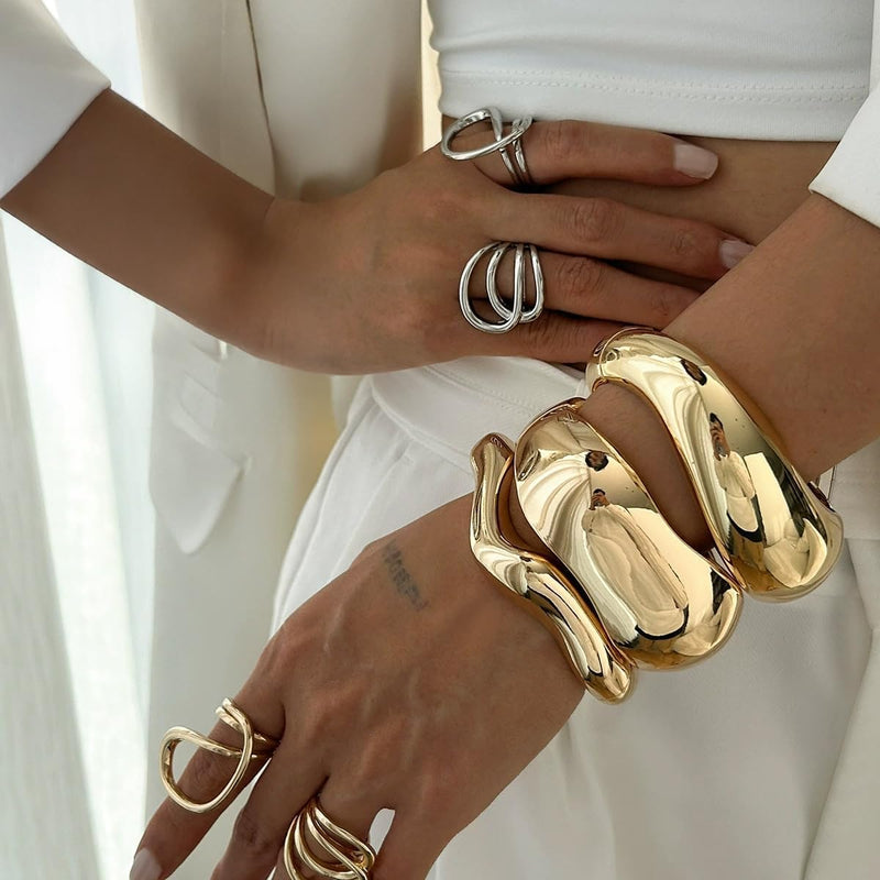 Chunky 18K Gold Plated Bracelets Set for Women High Shine Minimalist Wide Open Cuff & Trendy Stackable Gold Bangles Statement Fashion Jewelry, Layered Wrist Accessories Gift