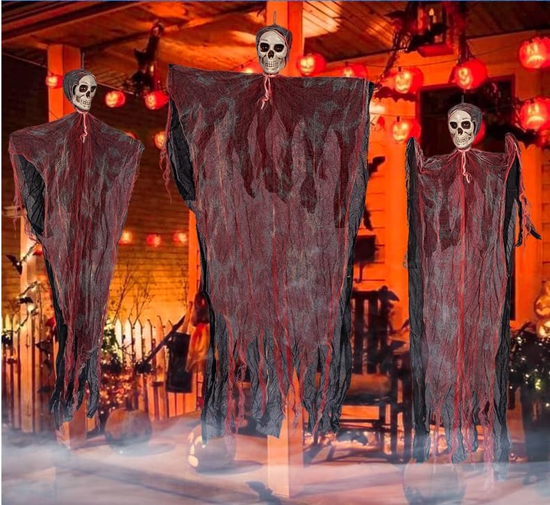 Beauenty 3 Pack Halloween Hanging Skeleton Ghost Decorations, Scary Gauze Ghost with Witch Hat, Creepy Hanging Props for Haunted House, Halloween Party, Indoor Outdoor Yard Decor (C) - B