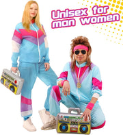 80s 90s Fancy Dress Costumes Men Women, 80s Shell Suit Costume Retro Tracksuit with Pilot Glasses Headband Wristbands Inflatable Boom Box, 1980s Fancy Dress for Carnival Parties Halloween