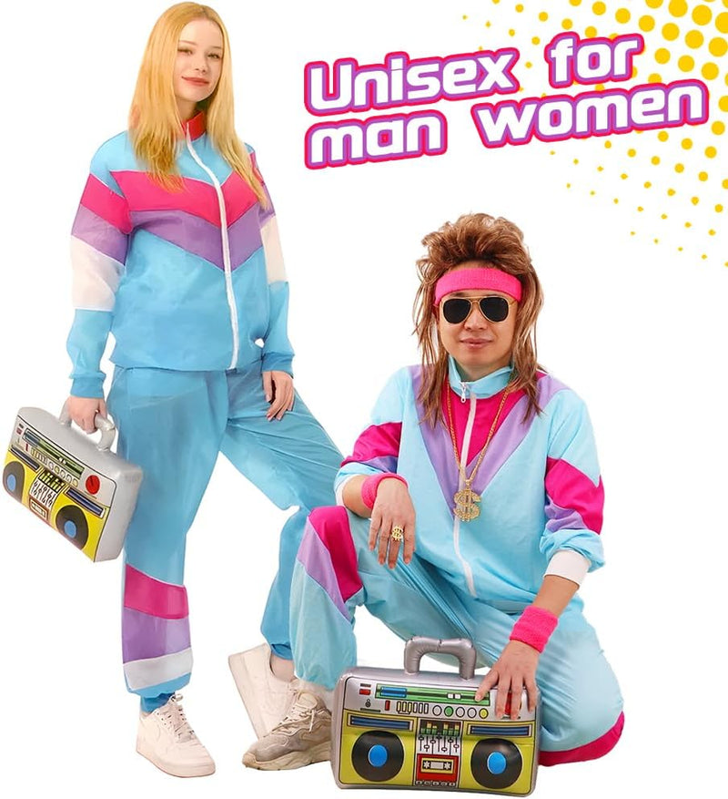 80s 90s Fancy Dress Costumes Men Women, 80s Shell Suit Costume Retro Tracksuit with Pilot Glasses Headband Wristbands Inflatable Boom Box, 1980s Fancy Dress for Carnival Parties Halloween