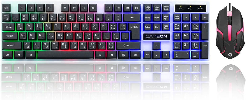 GAMEON DOMINION GO21KM-B RGB Wired Keyboard & Mouse Combo Full-Size English/Arabic Layout, Multi-Zone Rainbow Backlighting, Ergonomic Design, USB Wired Connectivity - Black DOMINION | Full Size | 100% | 104-Key | Keyboard + Mouse Combo | RGB