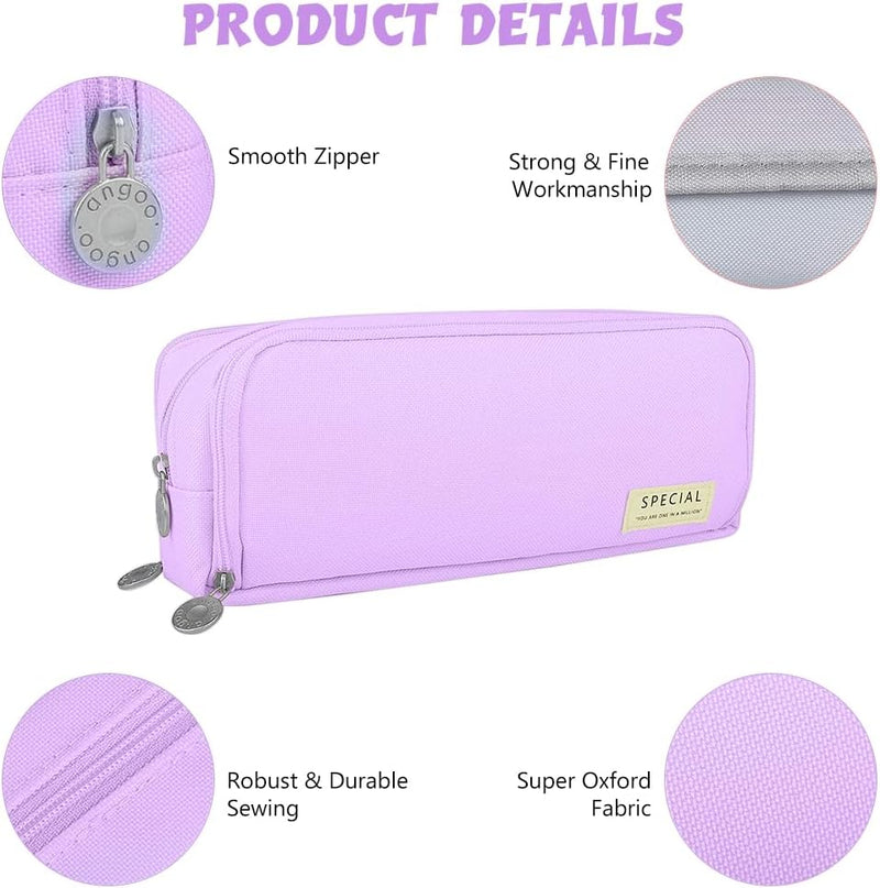 HASTHIP Large Capacity Pencil Case for Kids Girls Boys, 3 Compartments Pen Pouch Stationery Organizer Bag, Multi-Slot School Office Pencil Box for Teens Adults Women Men (Purple)