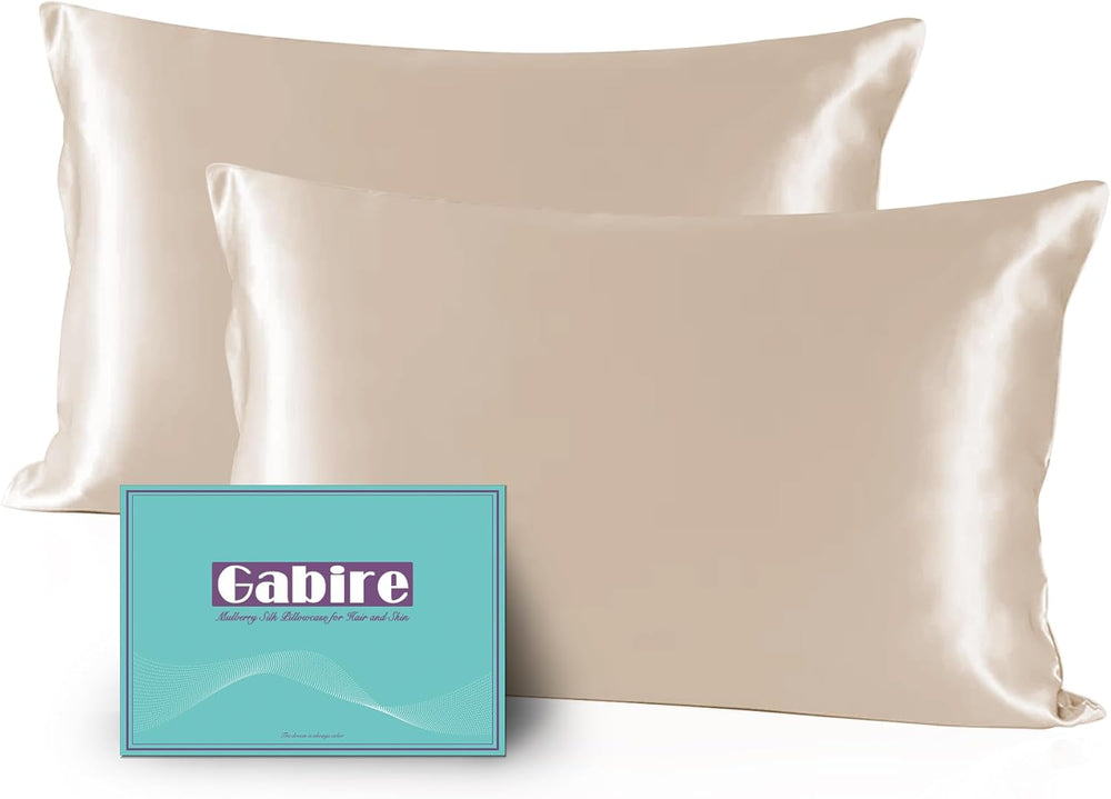 Gabire Mulberry Silk Pillow Cases Set of 2, Both Sides Real Silk Pillowcase for Hair and Skin Prevent Acne Pillowcase Organic Silk Pillowcase 2 Pack with Hidden Zipper, White, Standard (20"26")
