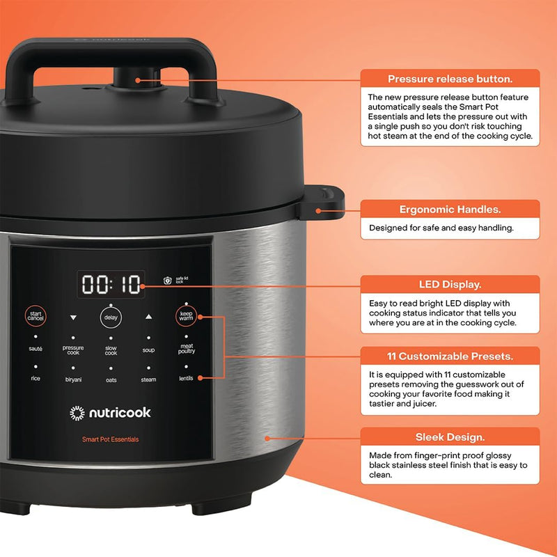 Nutricook Smart Pot 2 Rice Cooker, Steamer, Sauté Pot, Yogurt Maker & More,9 In 1 Electric Pressure Cooker, Slow Cooker,6 Liters, 12 Smart Programs With New Smart Lid