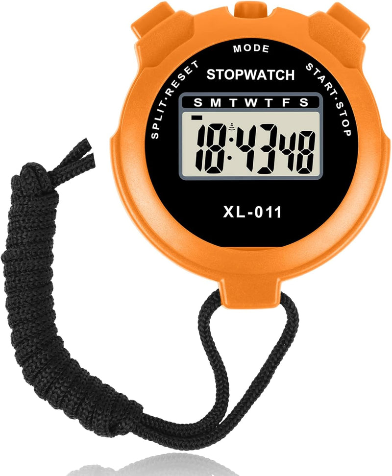 Vicloon - Digital Sports Timer, Simple Travel Stopwatch with Large Display, Single Turn Split Timer, 12/24 Hour Clock, Alarm Date (Black) - Orange