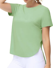 Women's Workout T-Shirts Loose Fit Short Sleeve Cotton Running Basic Tee Tops with Split Hem - Jasmine Green