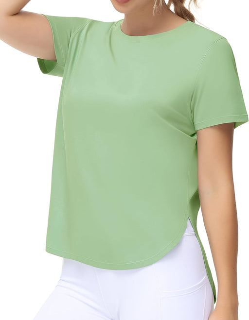 Women's Workout T-Shirts Loose Fit Short Sleeve Cotton Running Basic Tee Tops with Split Hem - Jasmine Green