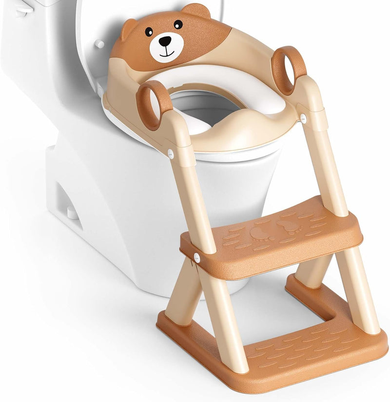 Potty Training Seat, Upgrade Toddler Toilet Seat for Kids Boys Girls, 2 in 1 Potty Training Toilet, Splash Guard Anti-Slip Pad Step Stool - Brown