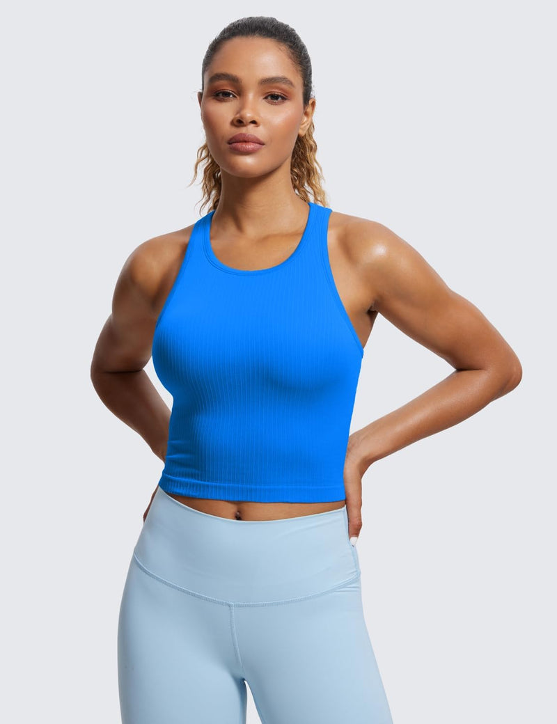 CRZ YOGA Womens Seamless Ribbed Longline High Neck Sports Bra - Racerback Padded Slim Fit Crop Tank Top with Built in Bra