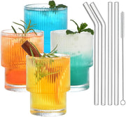 1CHASE Ribbed Drinking Glasses with Glass Straws 330 ML (Set of 4), Ripple Borosilicate Glassware, Mixed Drinkware Sets, Drinking Glasses for Juice, Iced Coffee, and Cocktails (12 oz) (330 ML) - 330 ML