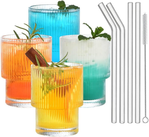 1CHASE Ribbed Drinking Glasses with Glass Straws 330 ML (Set of 4), Ripple Borosilicate Glassware, Mixed Drinkware Sets, Drinking Glasses for Juice, Iced Coffee, and Cocktails (12 oz) (330 ML) - 330 ML