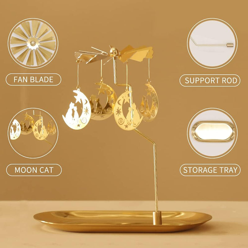 Creahaus Rotating Candle Holder with Tray, Gold Candle Spining Metal Holder for Christmas, Valentine's Day, Party Table Decor, Gift (Gold Carousel)