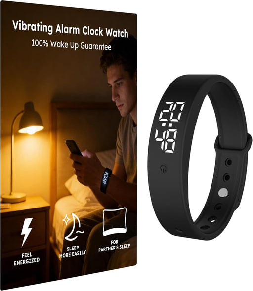 Vibrating Alarm Clock Watch for Heavy Sleepers, Silent Wake Up Bracelet & Smart Wristband, Wrist Alarm - Black