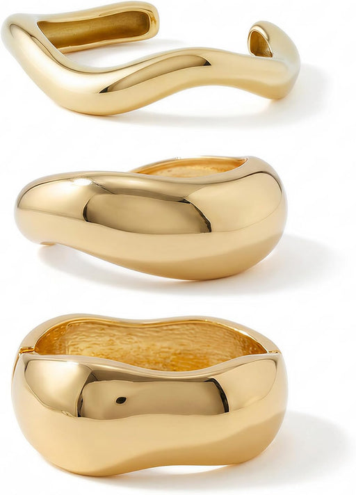 Excefore Chunky Gold Bracelets Set, 18K Gold Plated High Shine for Women, 3Pcs Vintage Wide Open Cuff Bangle, Minimalist Trendy Set for Daily Wear & Formal Occasions