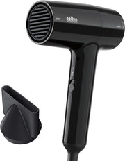 Braun Hair dryer HD2.2 Light Weight, Fast Performance and Shine, 2200 Watts, 3 Heat Mode plus cool shot, with 2 Attachments Drying Nozzle, Curl Diffuser, BRHD225SDE - Ion Black. - BRHD150SDE