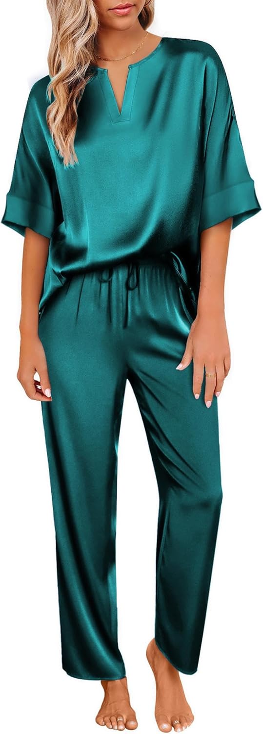Satin Pajama Set Womens Silk Short Sleeve V Neck Shirt with Long Pant Soft Loungewear Pjs Set Black - Green