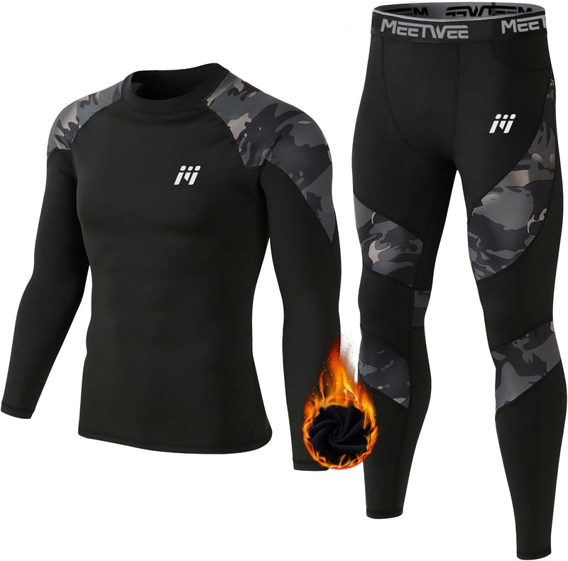 Men's Thermal Underwear Set - Functional Winter Ski Suit, Breathable Long Underwear With Vest - Camouflage black