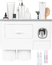 SKY-TOUCH 2 Cups Wall Mounted Toothbrush Holder, Multifunctional Space-Saving Toothbrush and Toothpaste Holder with Drawer for Cosmetics Organizer for Washroom and Bathroom - 2cups toothbrush holder grey
