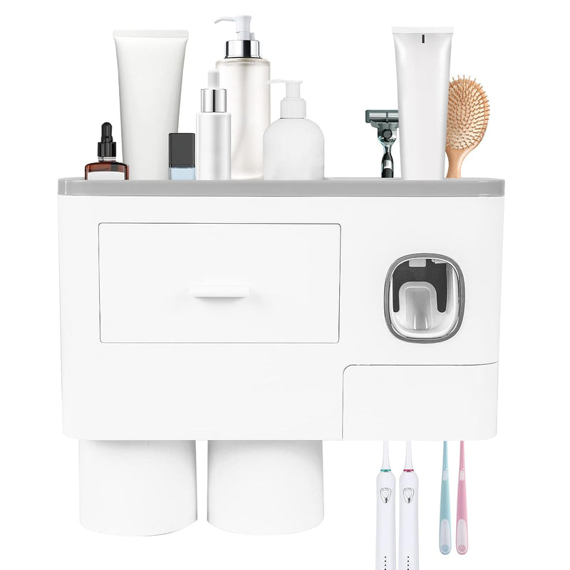 SKY-TOUCH 2 Cups Wall Mounted Toothbrush Holder, Multifunctional Space-Saving Toothbrush and Toothpaste Holder with Drawer for Cosmetics Organizer for Washroom and Bathroom