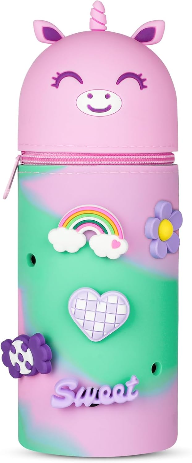 Vicloon Pencil Case, Pencil Case in Soft Silicone, 2 in 1 Silicone Pouches Big Capacity Desk Pen Holder, Retractable Capacity, Zipper Closure, Panda, Panda - purple unicorn