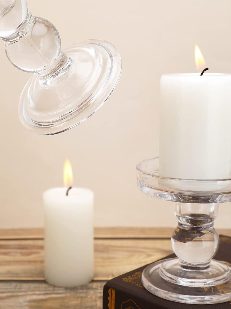 Lewondr Glass Candle Holders, 3 Pieces Crystal Clear Candlesticks with Elegant Design for Pillar Taper Candle and Tea Light, Home Table Living Room Wedding Party Decorations Home Décor - Clear