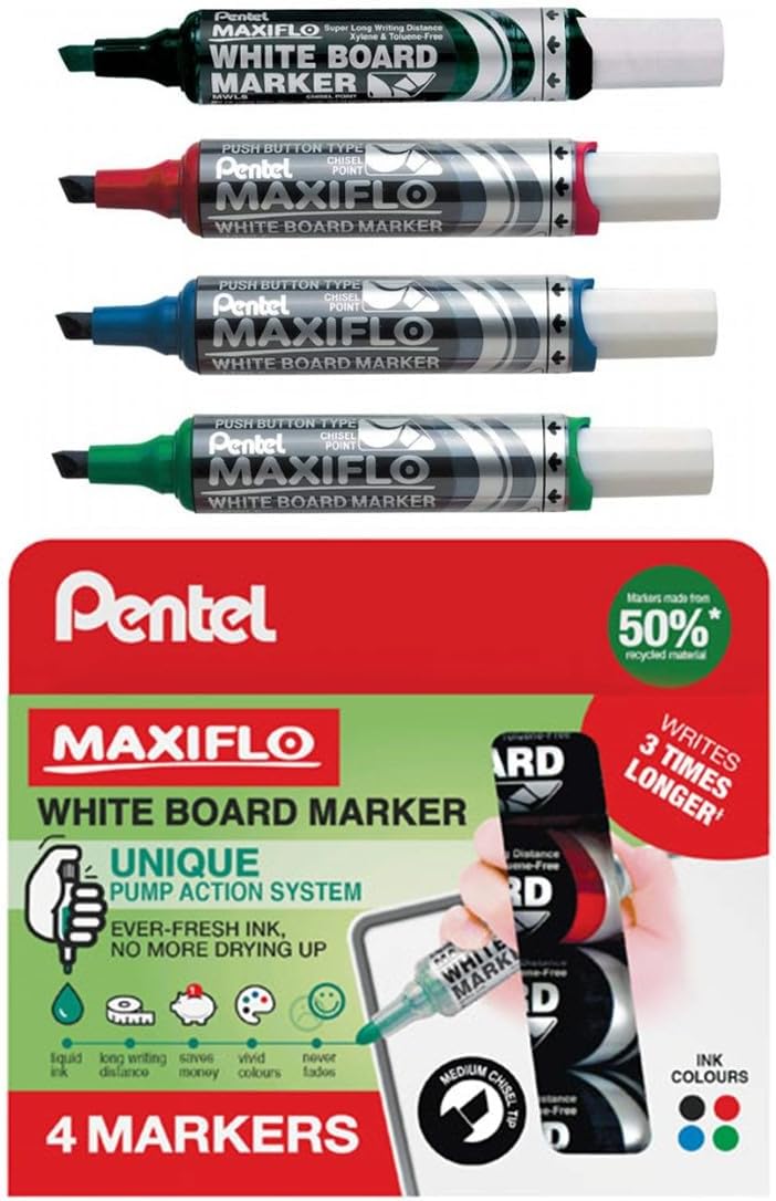 Pentel 5.7Mm Chisel Tip Wallet 4 Maxiflo White Board Liquid Ink Marker - Black/Red/Blue/Green