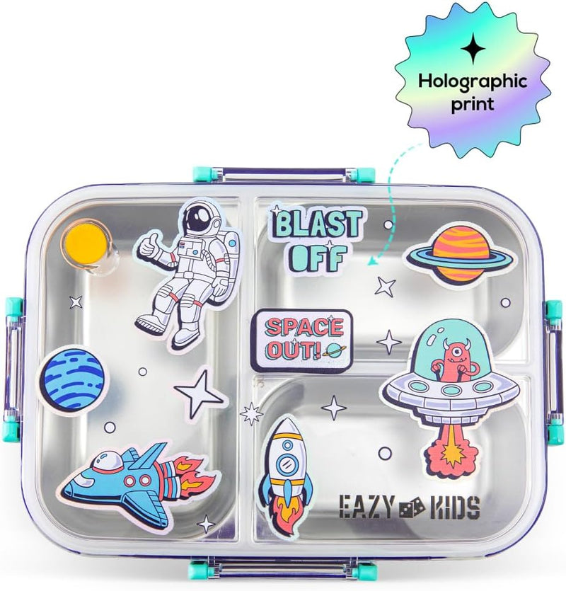 Eazy Kids 3 Compartment Stainless Steel bento Lunch Box - Space out 800ml - Blue