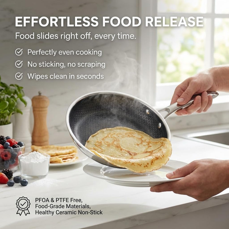 Eterna Tri-Ply Hybrid 20cm Frying Pan Stainless Steel & Ceramic Coating, Metal-Utensil Safe, Oven & Dishwasher-Safe, Induction & All Cooktops Compatible
