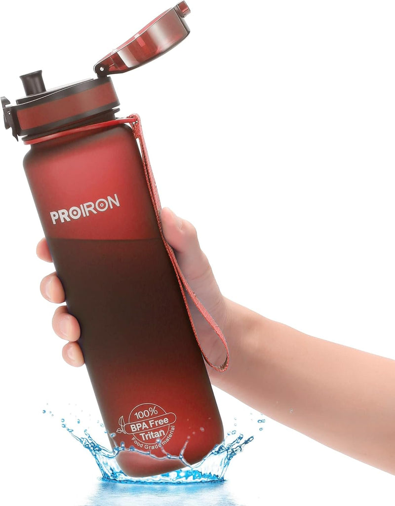 Water Bottle 0.5L/1L Leak-Proof Drink Bottle BPA Free USA Tritan Material Gym Bottle with Protein Shaker, Flip Top Lid & Removable Strainer for Fitness Cycling, Gym Camping Outdoor Sports - Purplish red-1000ml