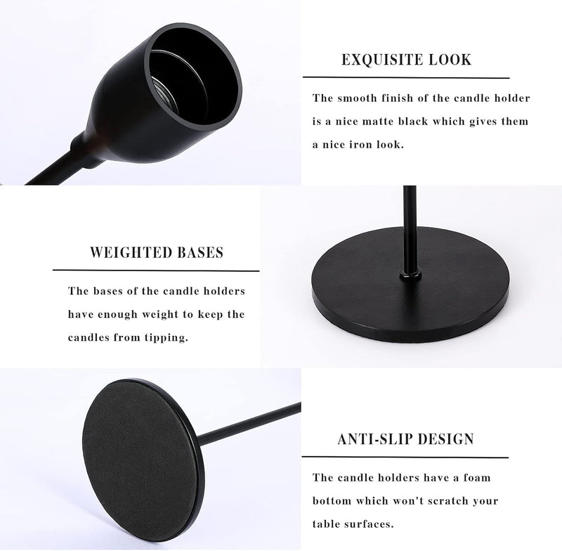 DELFINO 3 Pcs Matte Black Candle Holders for Taper Candles, Decorative Candlestick Holder for Wedding, Dinning, Party, Fits 3/4 inch Thick Candle&Led Candles (Metal Candle Stand)