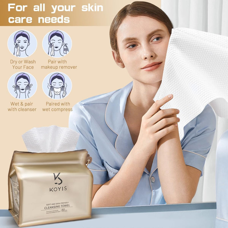 KOYIS Face Towels Disposable Biodegradable Dry Wipes for Sensitive Skin,Plant Long Fiber Facial Towels for Washing Face,Skincare and Makeup Remover,With Dust-proof Magnetic Cover,30x25 CM (58 Count)